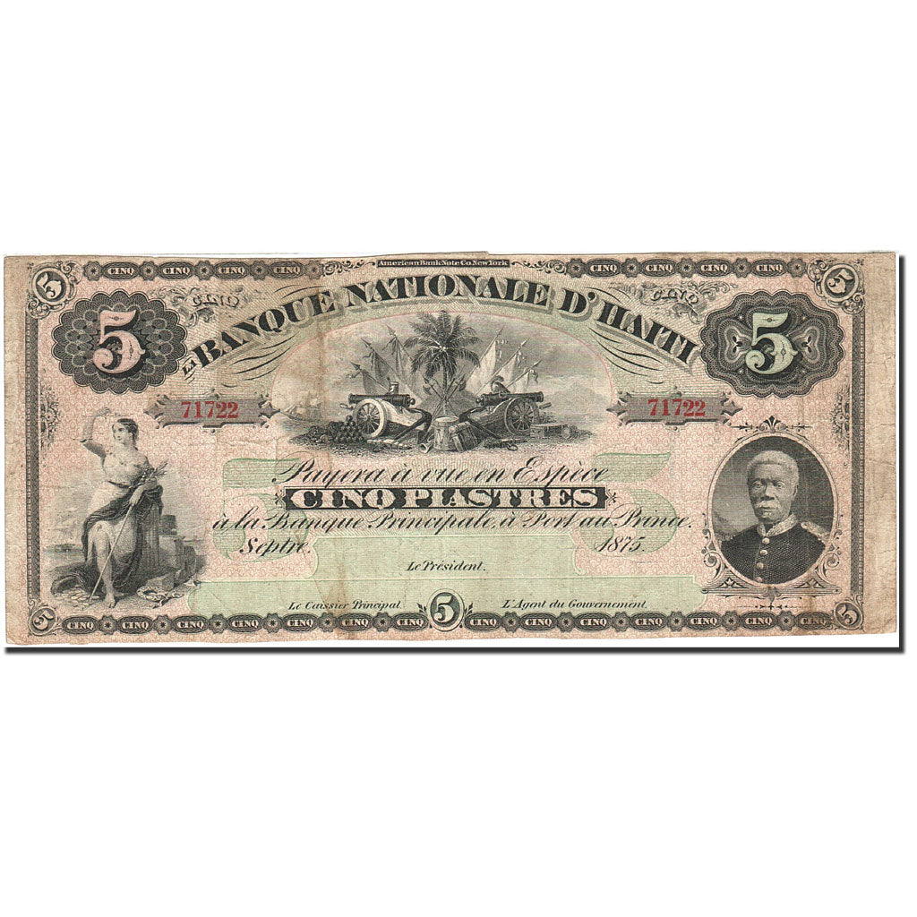 Haiti, 5 Piastres, 1875, 1875, KM:72, VF(20-25)