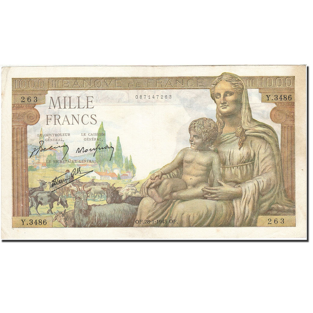 Francia, 1000 Francs, 1942, KM:102, 1943-01-28, BB+, Fayette:40.17