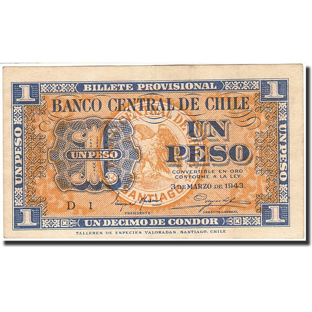 Chile, 1 Peso = 1/10 Condor, 1942-1943, 1943-03-03, KM:90d, SS+