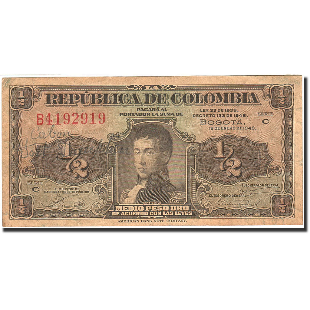 Colombia, 1/2 Peso Oro, 1948-1953, KM:345b, 1948-01-16, MB