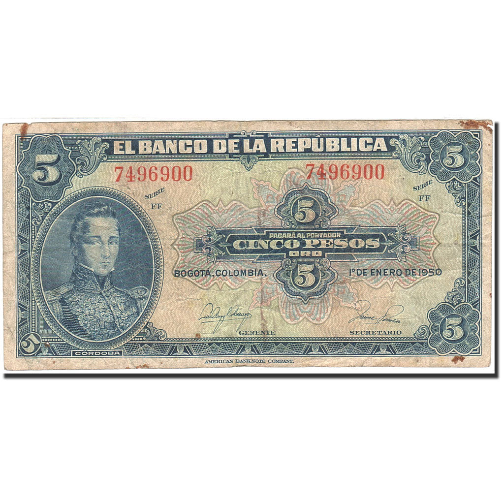 Colombia, 5 Pesos Oro, 1940, KM:386e, 1950-01-01, F(12-15)