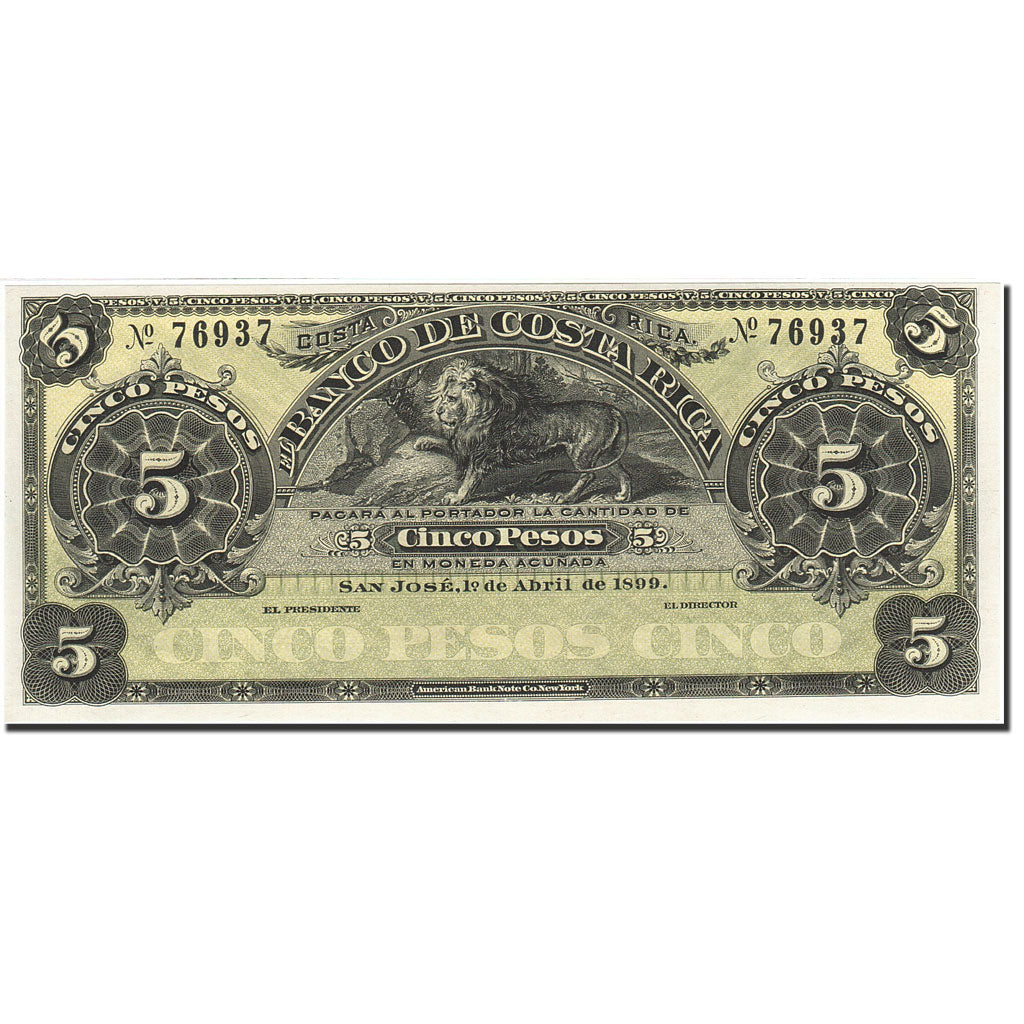 Banknote, Costa Rica, 5 Pesos, 1900, 1899-04-01, KM:S163r1, UNC(65-70)
