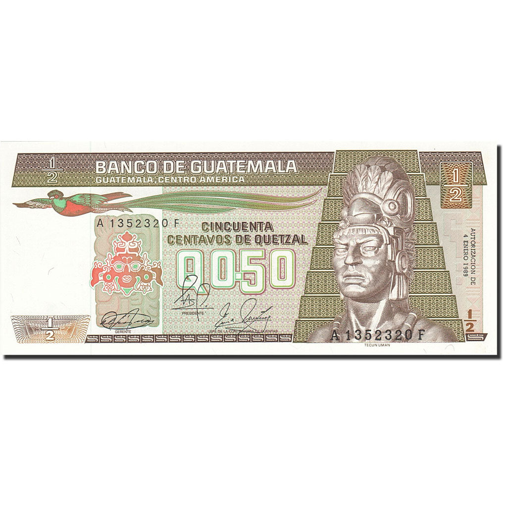 Banknote, Guatemala, 1/2 Quetzal, 1983, 1989-01-04, KM:65, UNC(60-62)