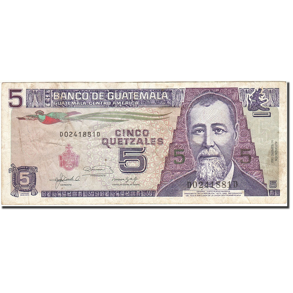 Billet, Guatemala, 5 Quetzales, 1989-1990, 1992-02-14, KM:74c, TB