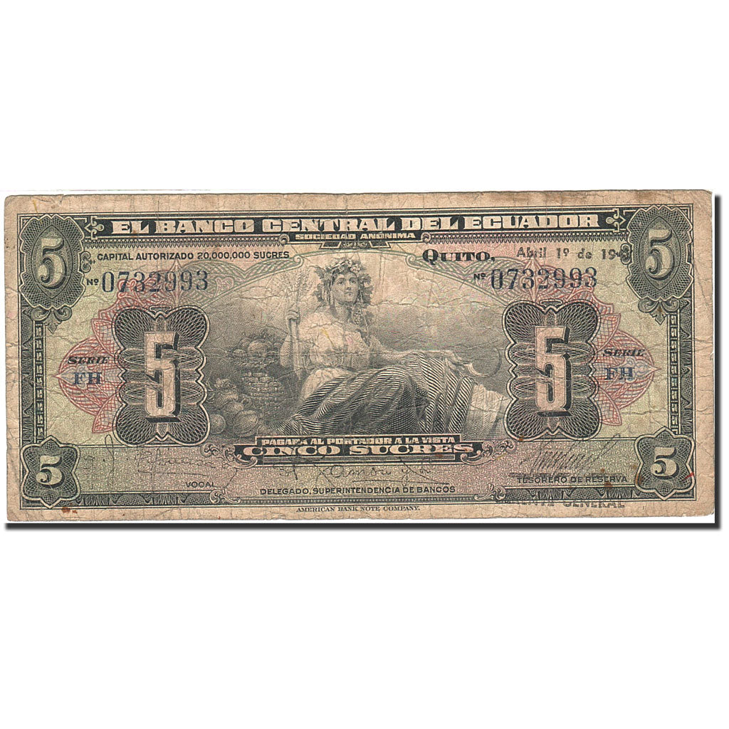 Ecuador, 5 Sucres, 1939-1944, KM:91b, 1947-04-01, F(12-15)