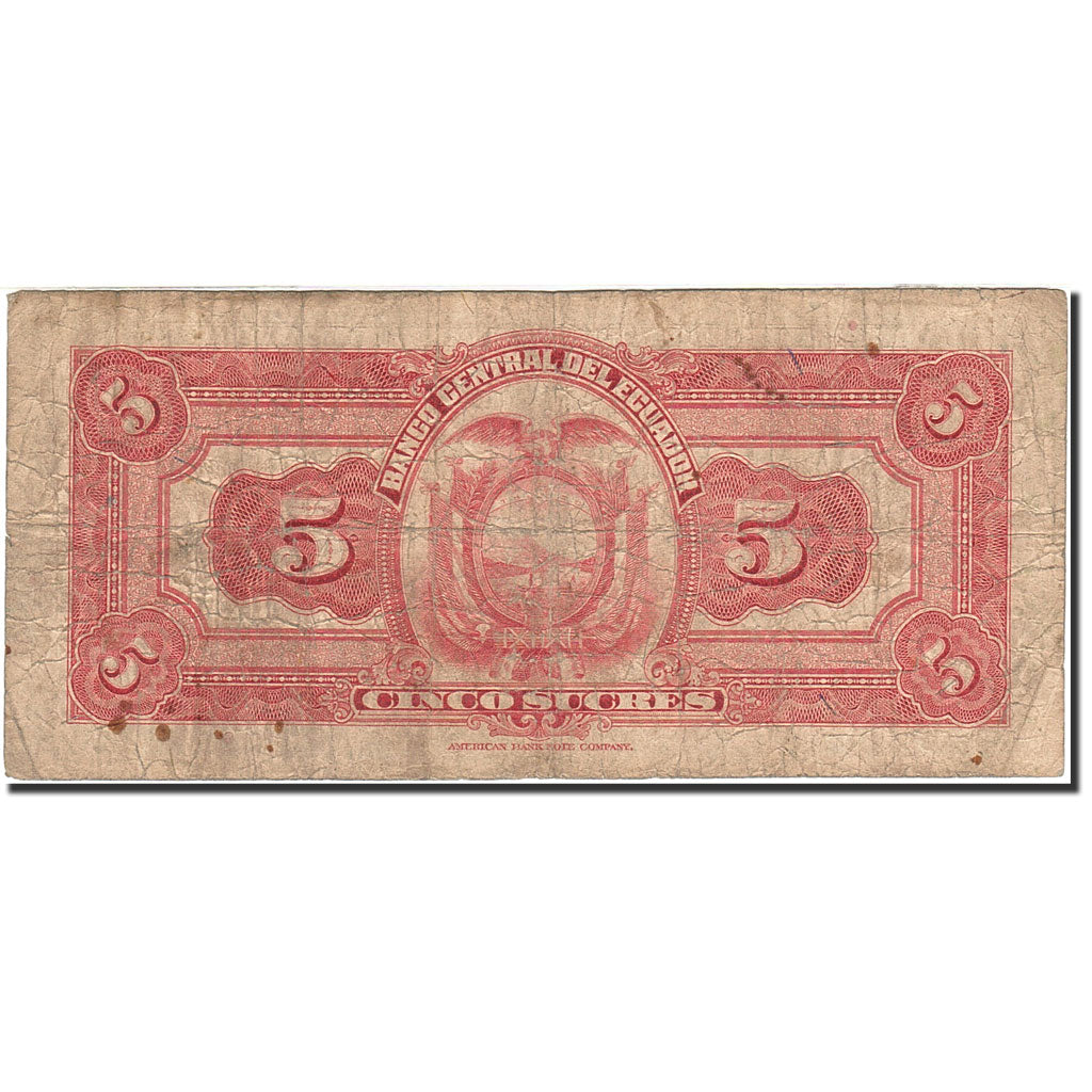 Ecuador, 5 Sucres, 1939-1944, KM:91b, 1947-04-01, F(12-15)