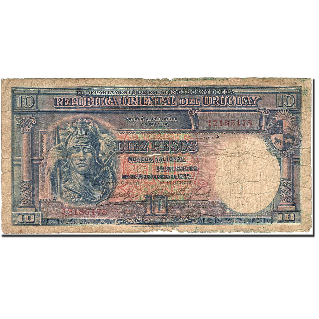 Uruguay, 10 Pesos, 1935, KM:30b, 1935-08-14, VG(8-10)