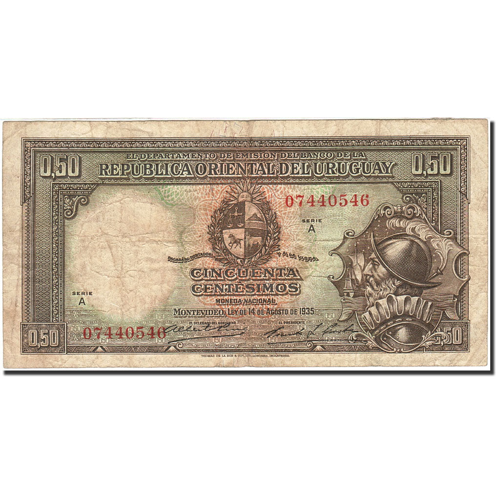 Uruguay, 50 Centesimos, 1935, KM:27A, 1935-08-14, MB+