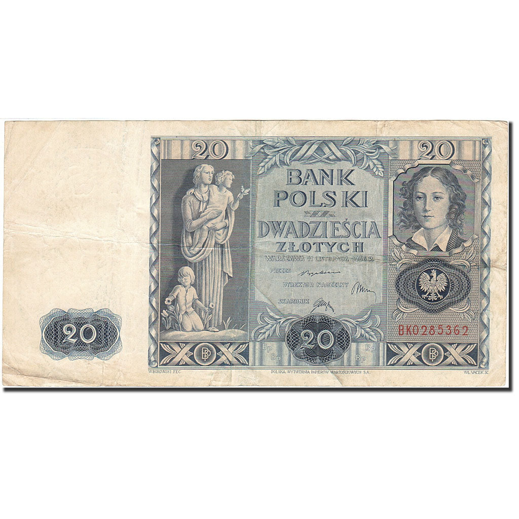 Poland, 20 Zlotych, 1936, 1936-11-11, KM:77, VF(20-25)