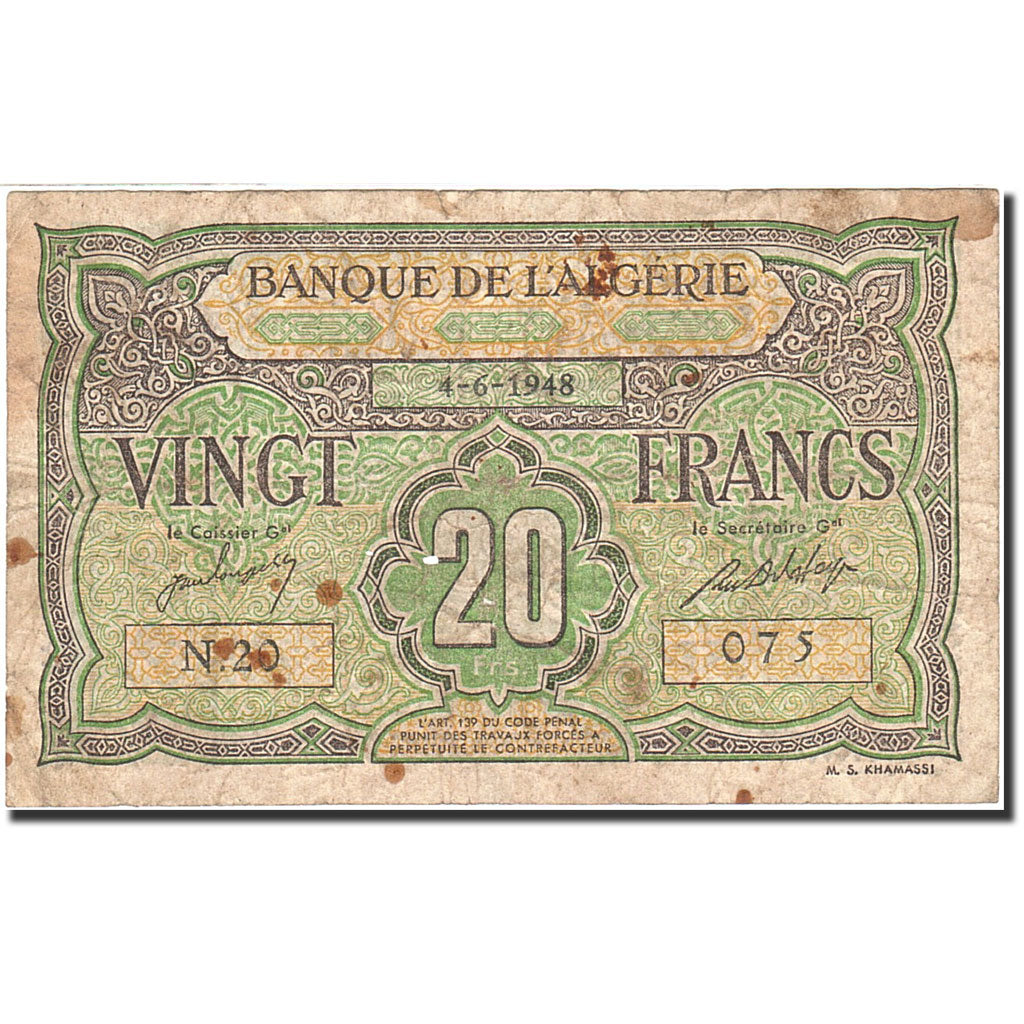 Algeria, 20 Francs, 1946-1948, 1948-06-04, KM:103, VF(20-25)