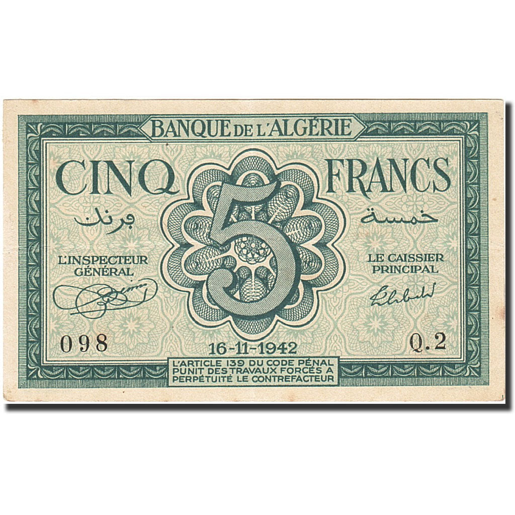Algeria, 5 Francs, 1942-43, 1942-11-16, KM:91, EF(40-45)