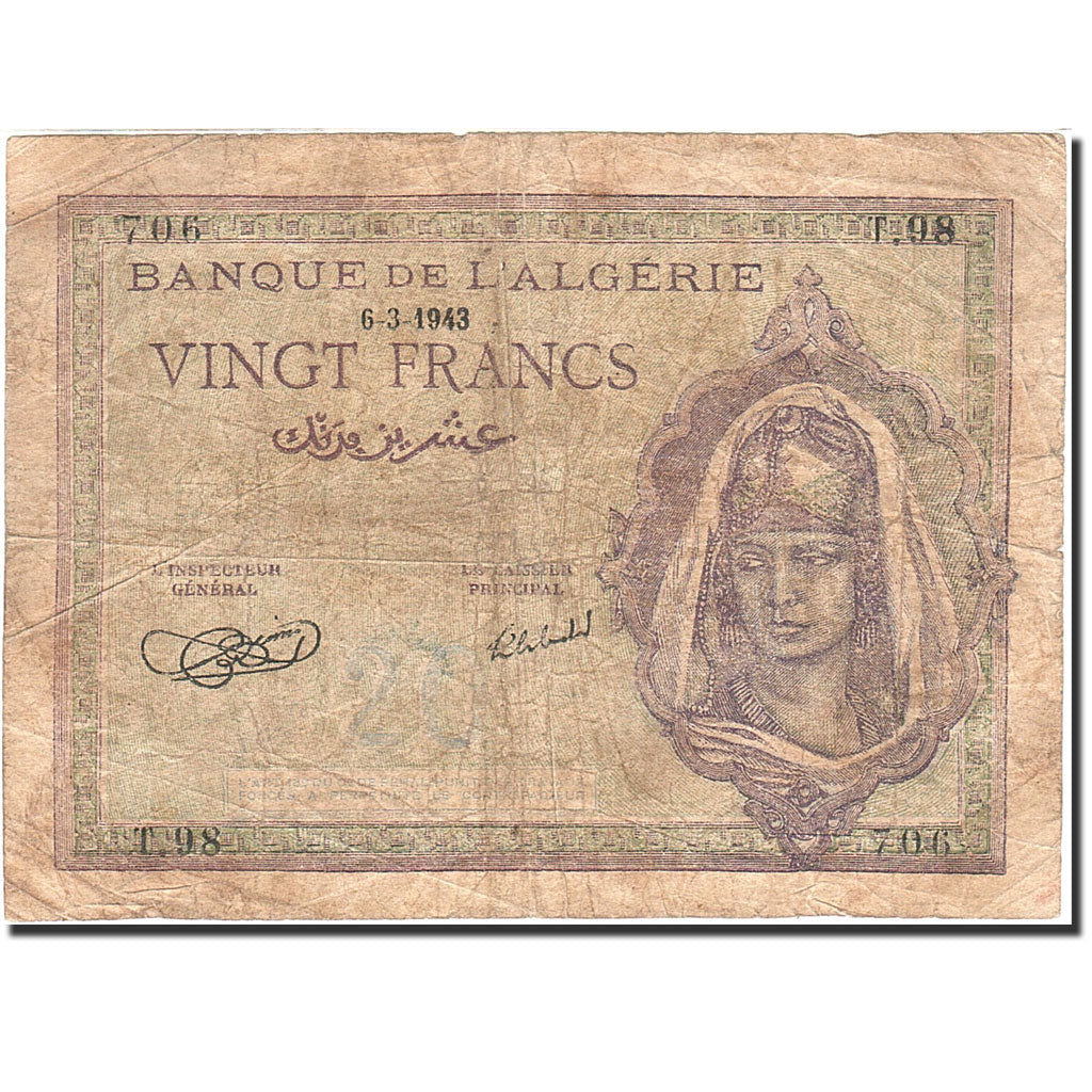 Banknote, Algeria, 20 Francs, 1942-1945, 1943-03-06, KM:92a, VG(8-10)
