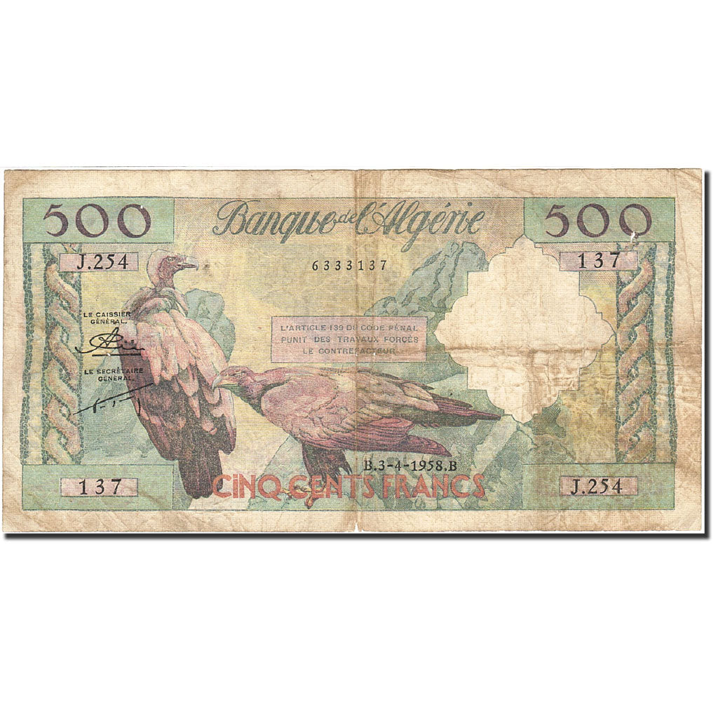 Algeria, 500 Francs, 1956-1958, 1958-04-02, KM:117, VF(20-25)