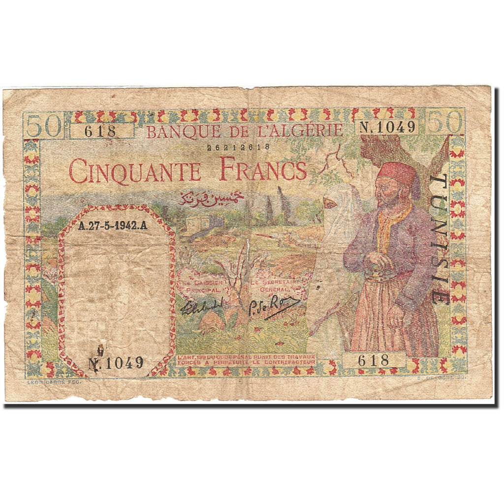 Tunisia, 50 Francs, 1942, KM:12a, 1942-05-27, VG(8-10)