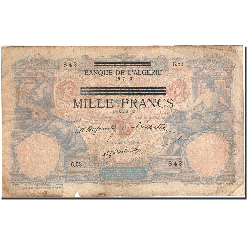 Tunisia, 1000 Francs on 100 Francs, Undated (1942), Undated (1942-1943), KM:31