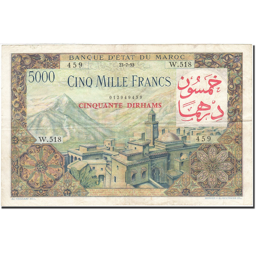 Maroc, 50 Dirhams on 5000 Francs, 1948-1951, KM:51, 1953-07-23, TTB