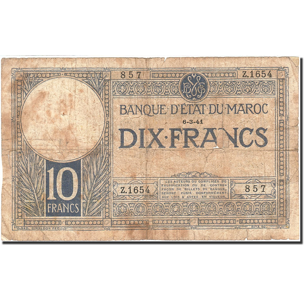 Marruecos, 10 Francs, 1928-1929, KM:17b, 1941-03-06, RC