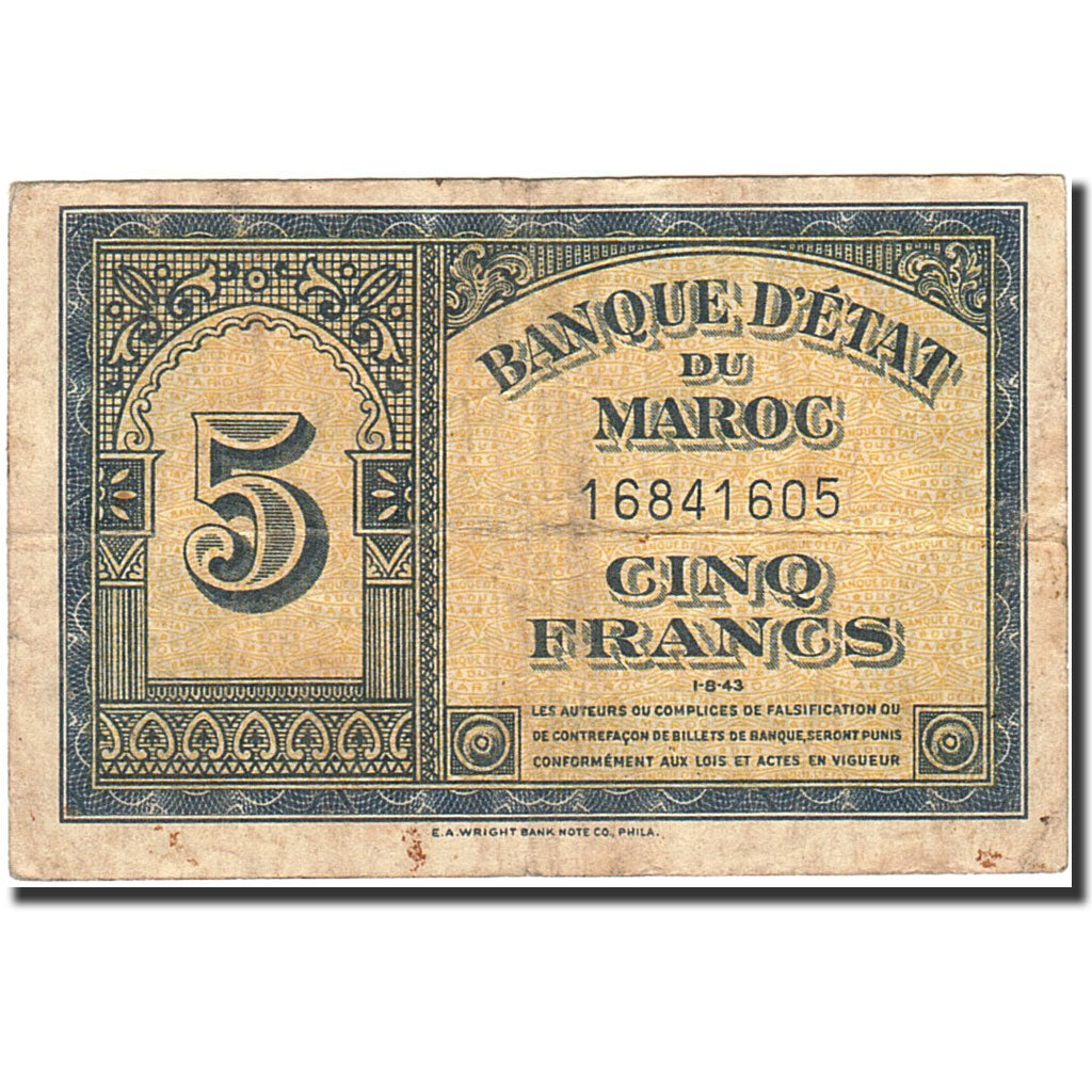 Banknote, Morocco, 5 Francs, 1943, 1943-08-01, KM:24, VF(20-25)
