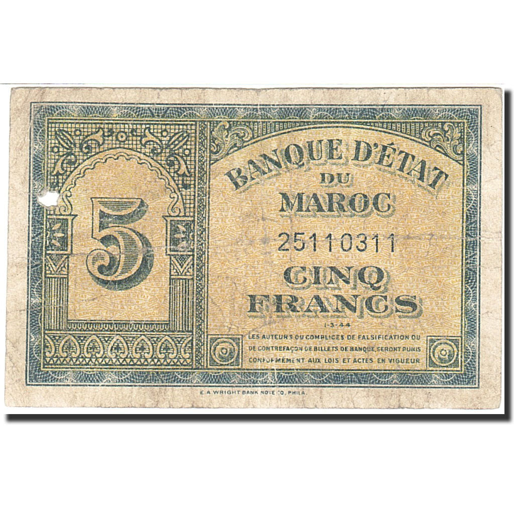 Morocco, 5 Francs, 1943, 1944-03-01, KM:24, F(12-15)