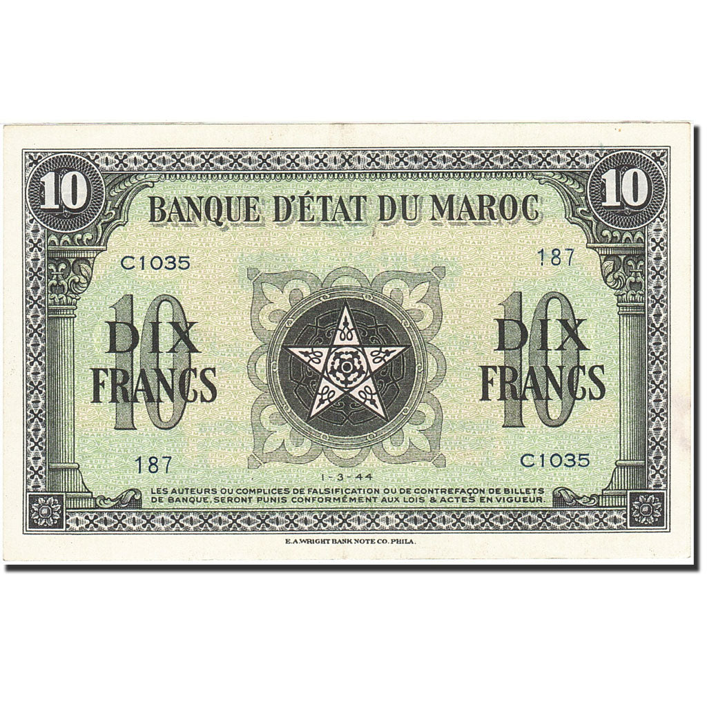 Banknote, Morocco, 10 Francs, 1943, 1944-03-01, KM:25a, AU(55-58)