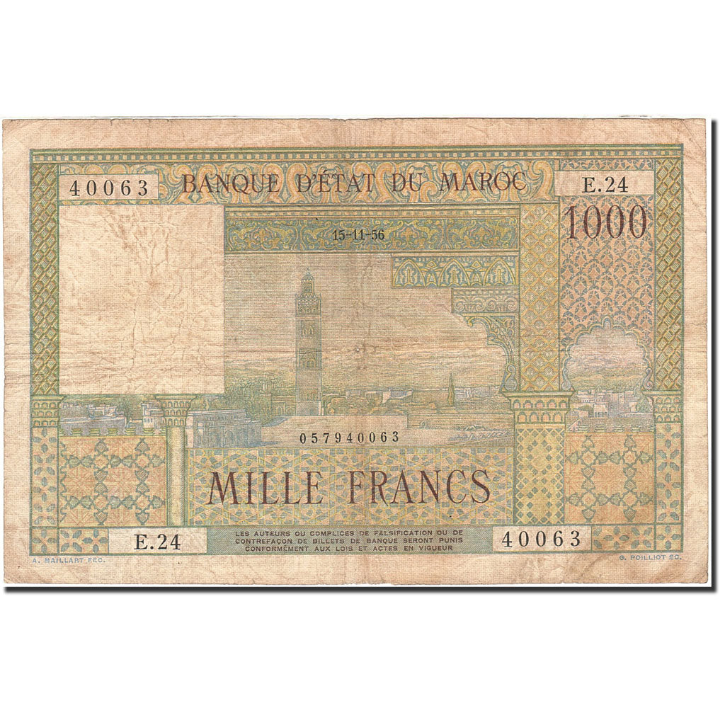 Morocco, 1000 Francs, 1948-1951, 1956-11-15, KM:47, VF(20-25)