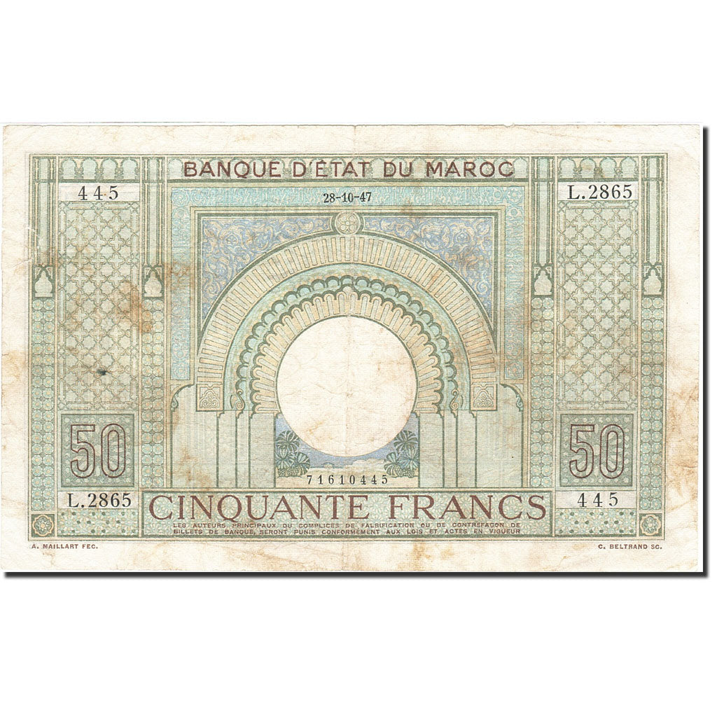 Banknote, Morocco, 50 Francs, 1936-1938, 1947-10-28, KM:21, VF(20-25)