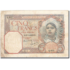 Tunisia, 5 Francs, 1921-1926, KM:8b, 1939-03-27, EF(40-45)