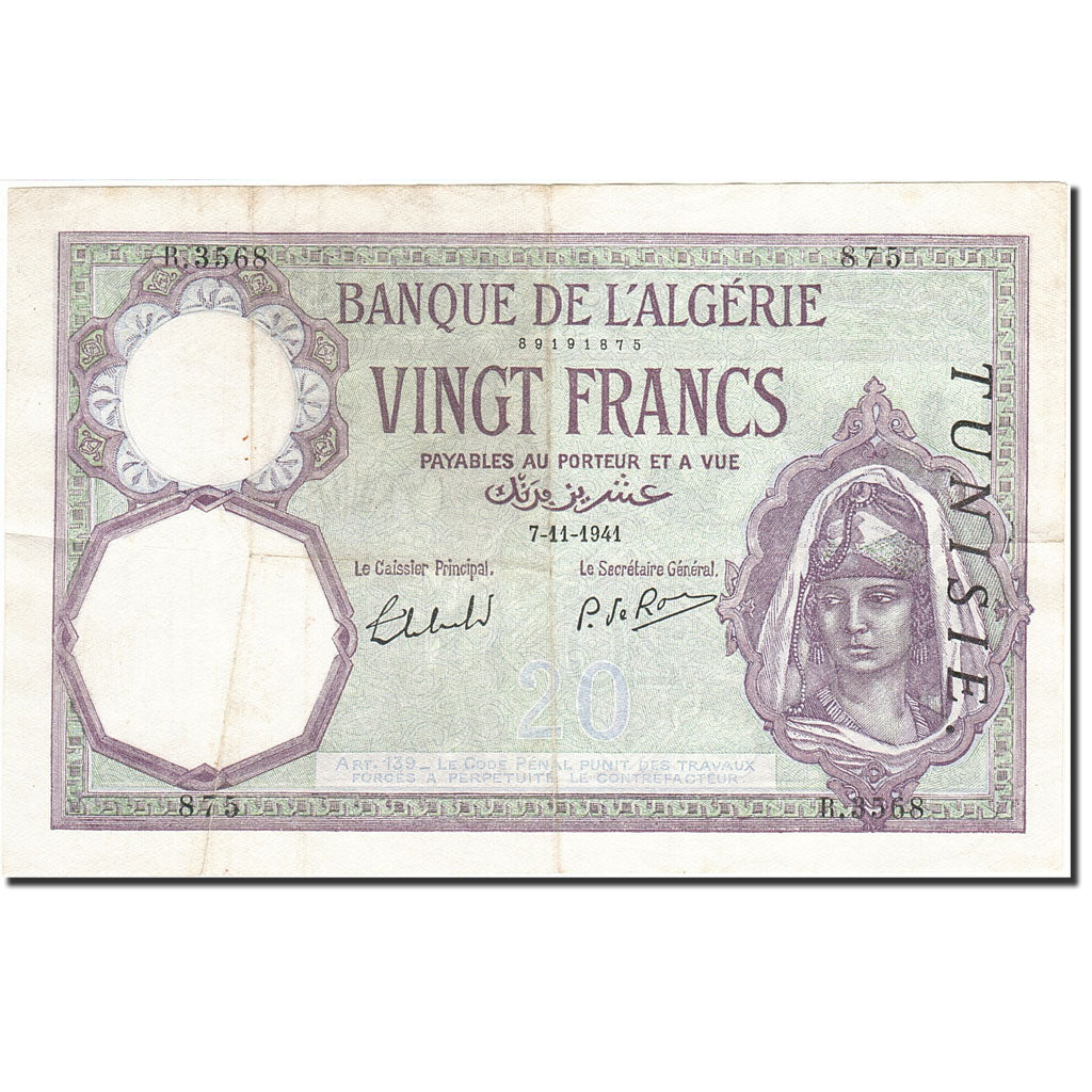 Tunisia, 20 Francs, 1914-1918, KM:6b, 1941-11-07, EF(40-45)