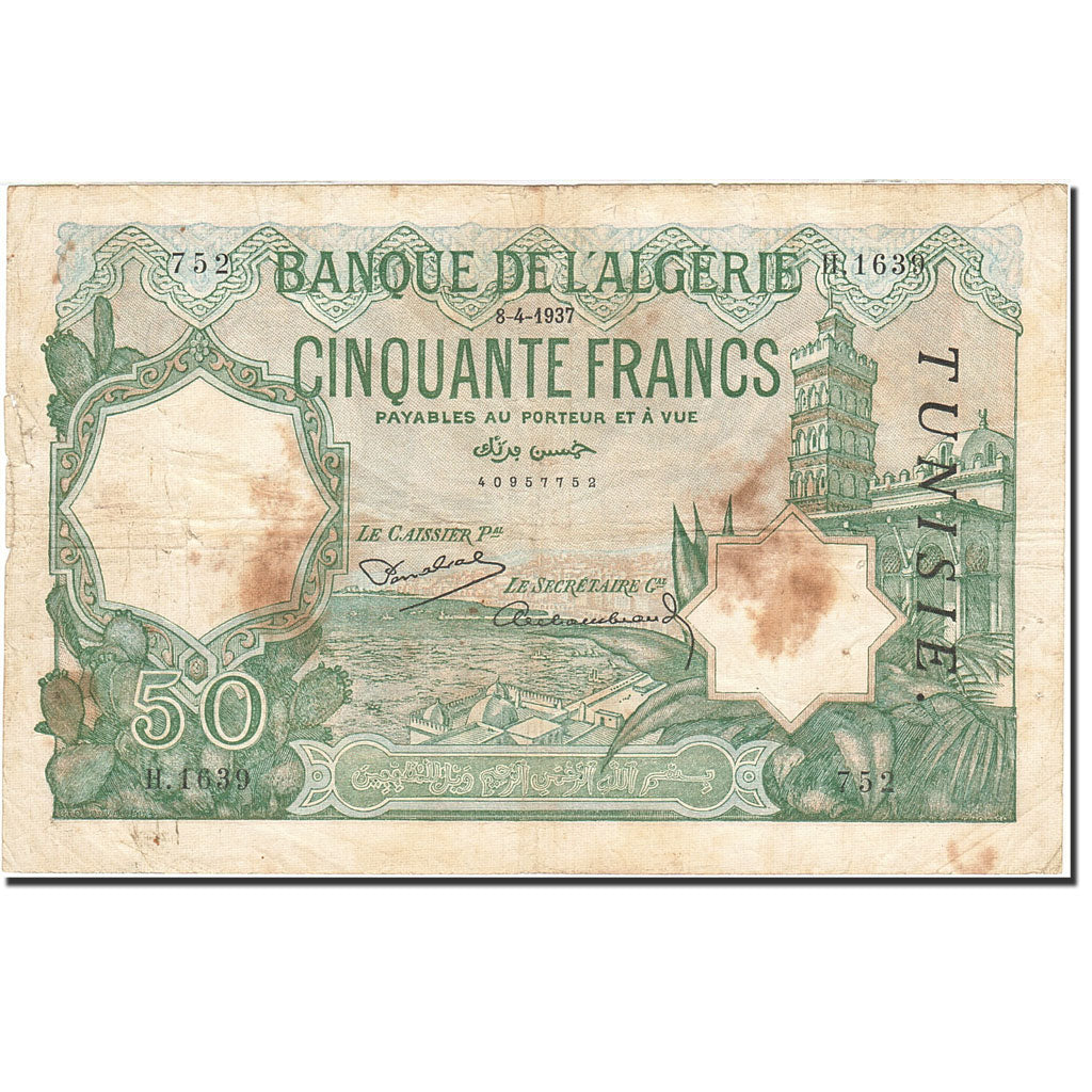 Tunisia, 50 Francs, 1921-1926, KM:9, 1937-04-08, VF(20-25)