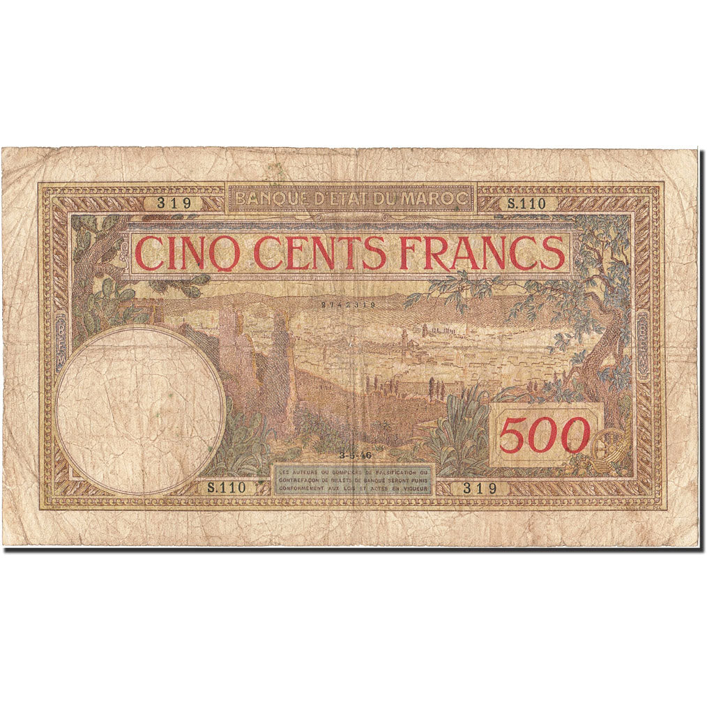 Marruecos, 500 Francs, 1920-1924, KM:15b, 1946-05-03, RC