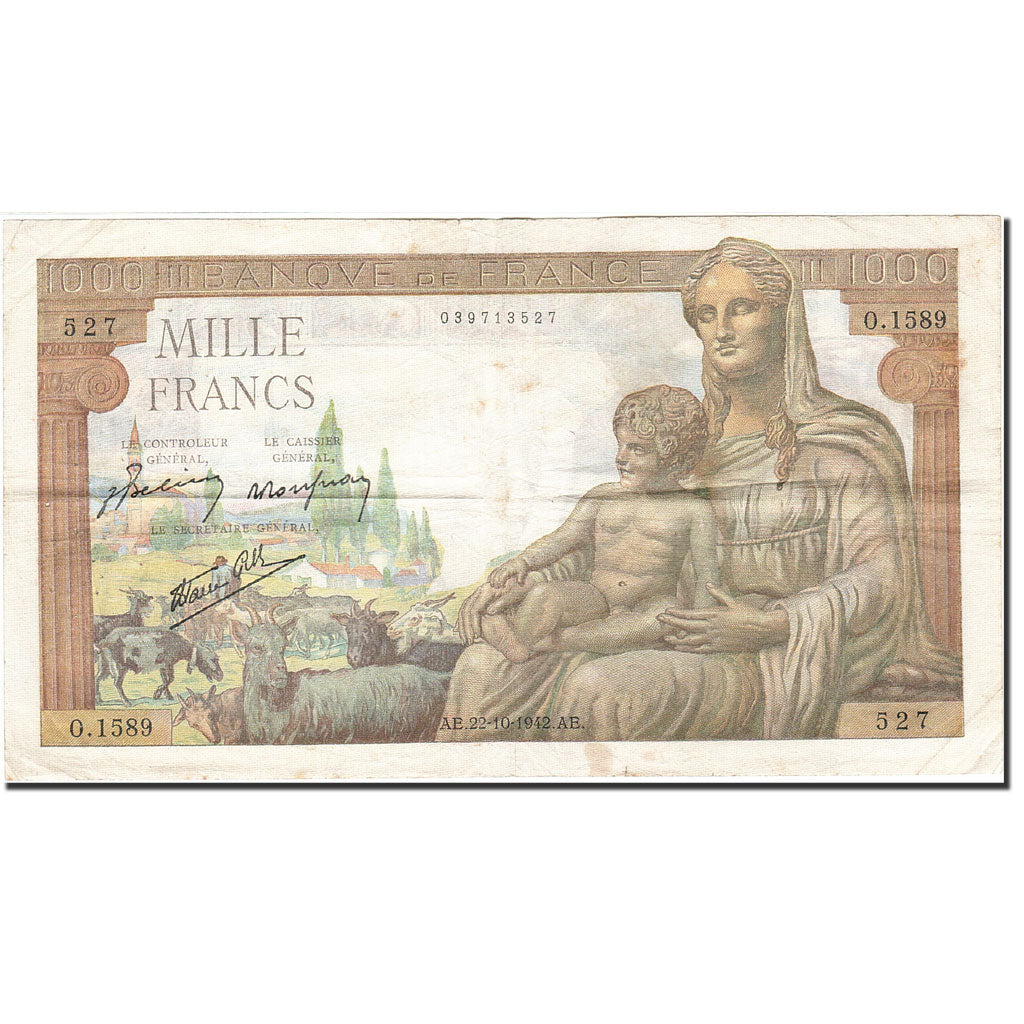 France, 1000 Francs, 1942, KM:102, 1942-10-22, VF(30-35), Fayette:40.9