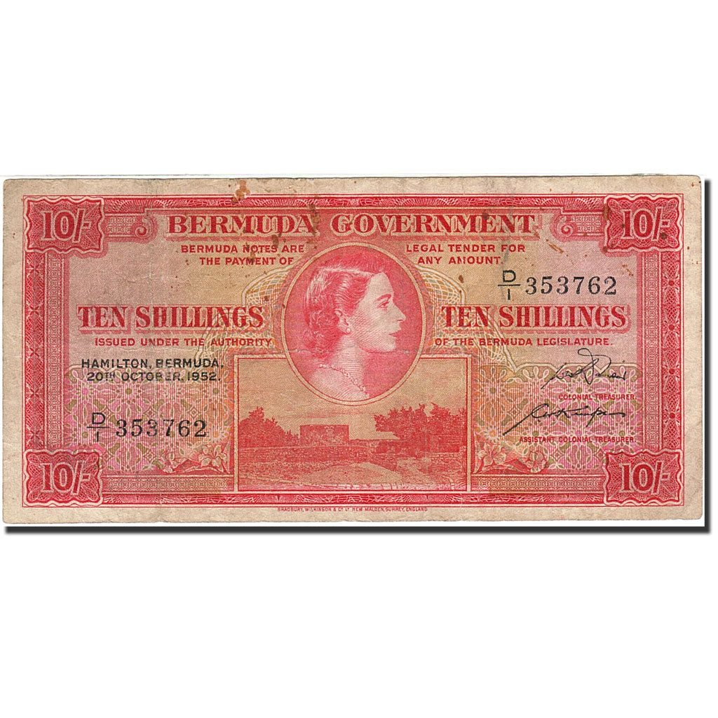 Banknote, Bermuda, 10 Shillings, 1952-1966, 1952-10-20, KM:19a, VF(20-25)