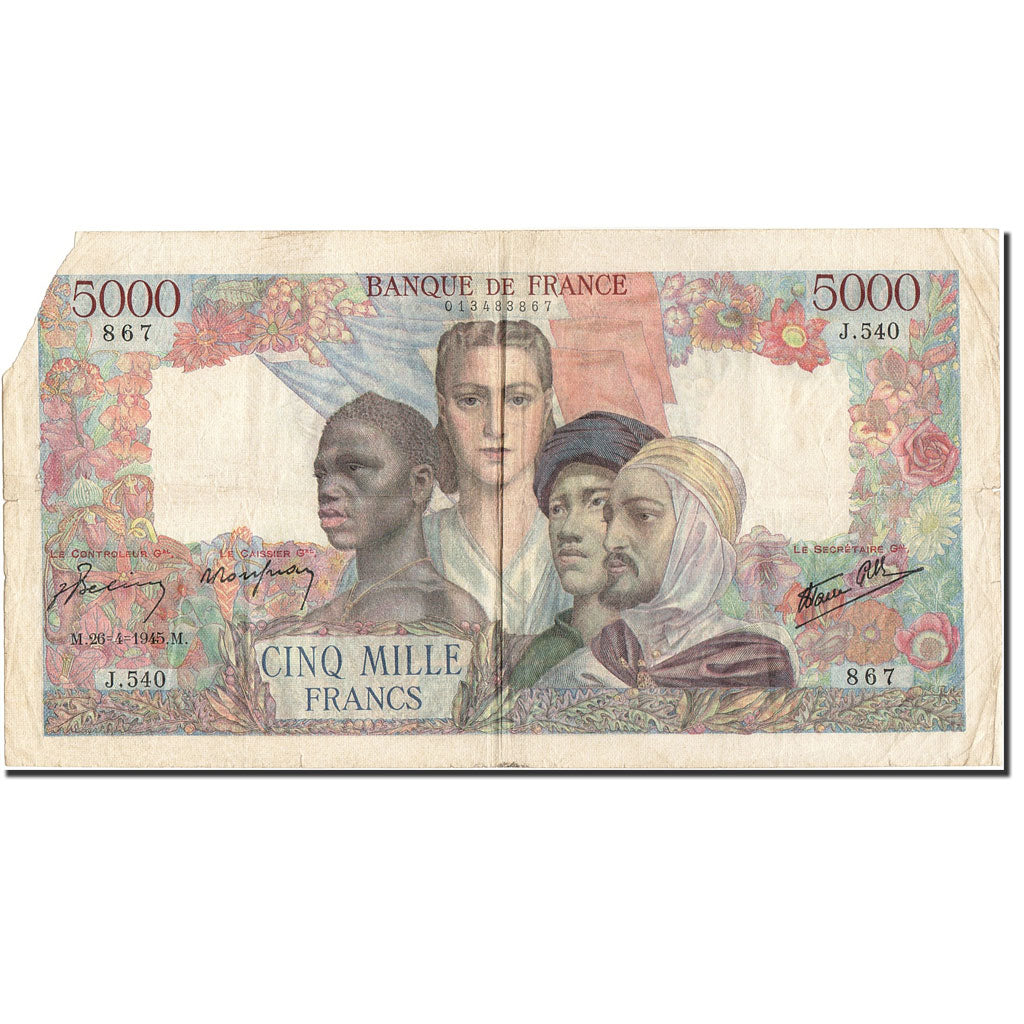 France, 5000 Francs, 1942, KM:103c, 1945-04-26, VF(30-35)