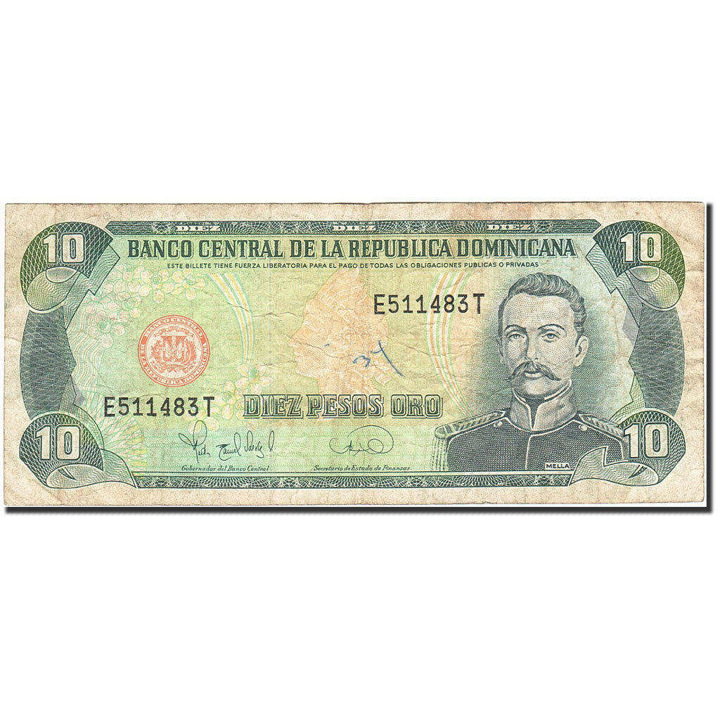 Repubblica domenicana, 10 Pesos Oro, 1996-1997, 1996-1998, KM:153a, MB