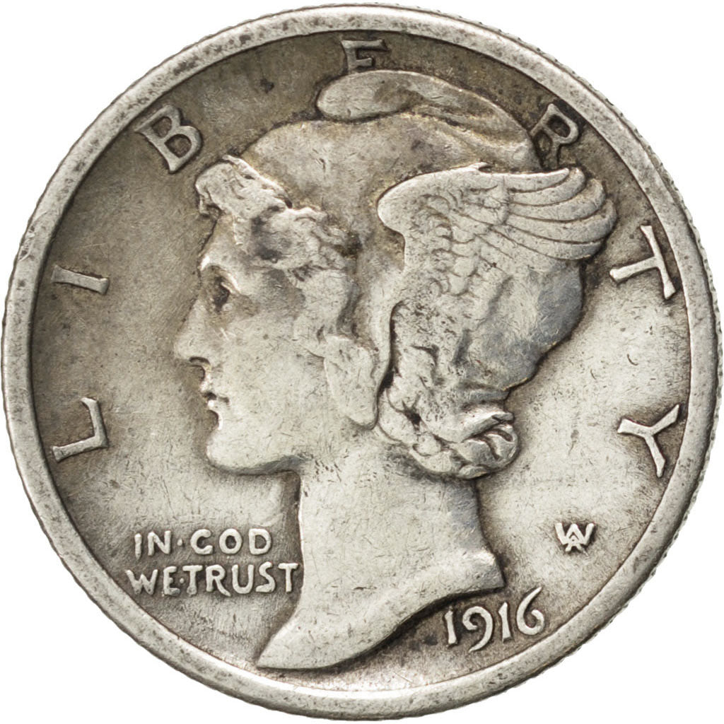UNITED STATES, Mercury Dime, Dime, 1916, U.S. Mint, KM #140, EF(40-45), Silver,.
