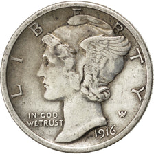 UNITED STATES, Mercury Dime, Dime, 1916, U.S. Mint, KM #140, EF(40-45), Silver,.