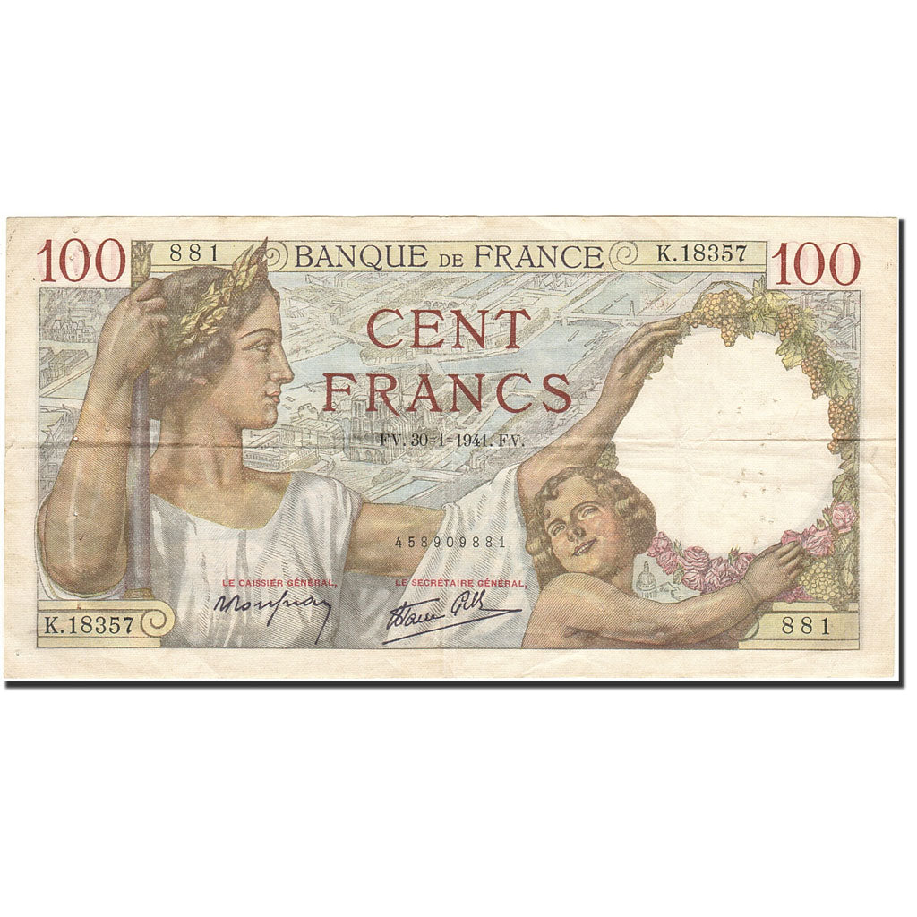 Banknot, Francja, 100 Francs, 1939, 1941-01-30, EF(40-45), Fayette:26.45, KM:94