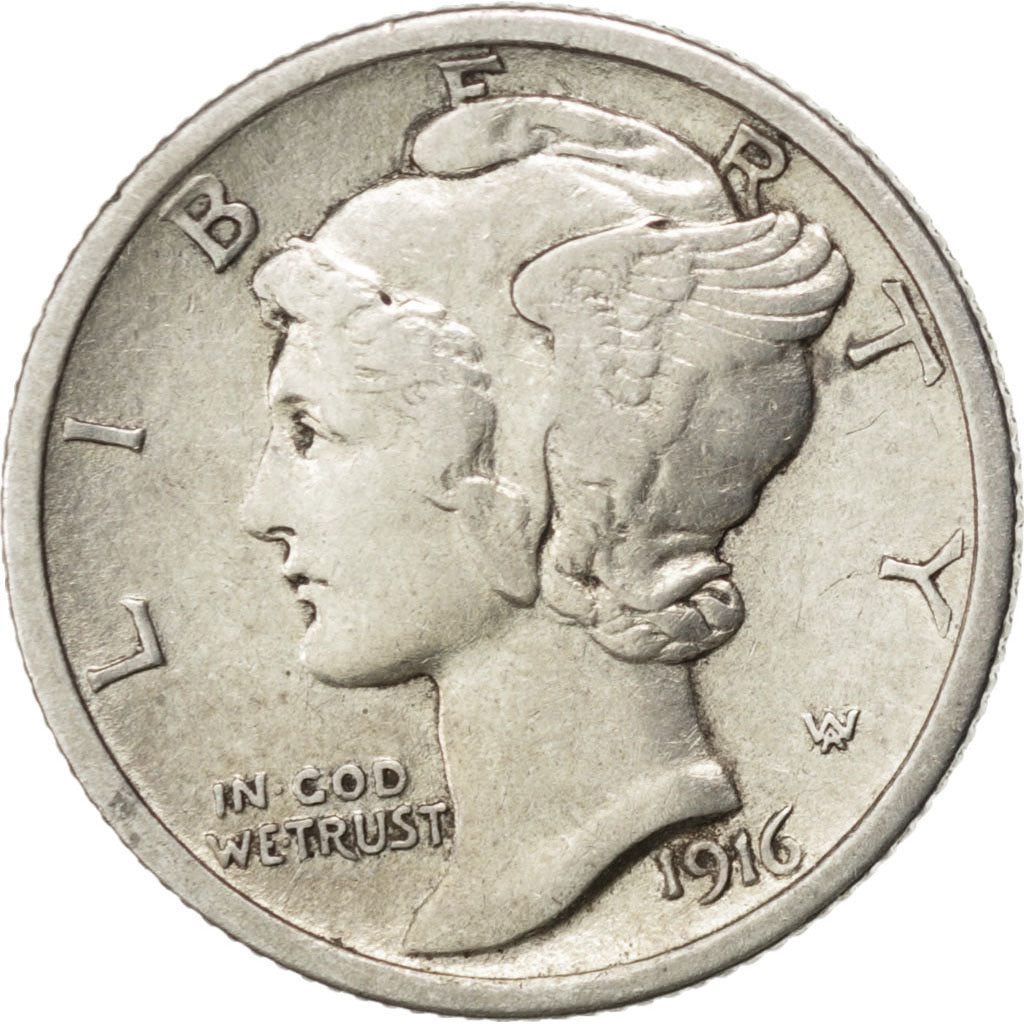 UNITED STATES, Mercury Dime, Dime, 1916, U.S. Mint, KM #140, EF(40-45), Silver,.