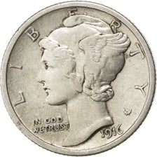 UNITED STATES, Mercury Dime, Dime, 1916, U.S. Mint, KM #140, EF(40-45), Silver,.