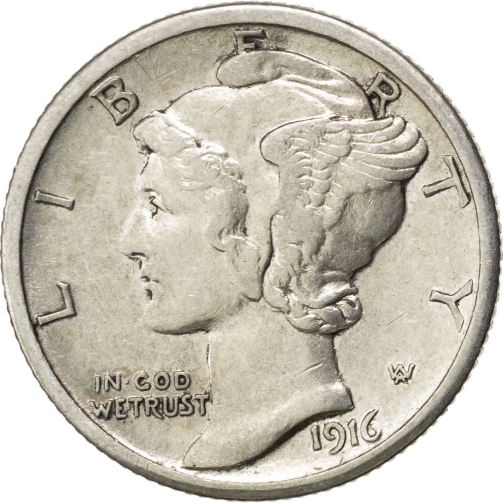UNITED STATES, Mercury Dime, Dime, 1916, U.S. Mint, KM #140, AU(50-53), Silver,.