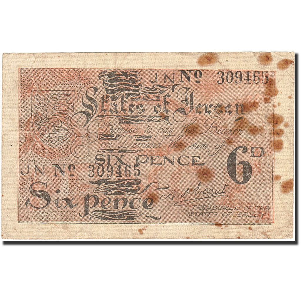 Jersey, 6 Pence, 1941, KM:1b, Undated (1941-1942), F(12-15)