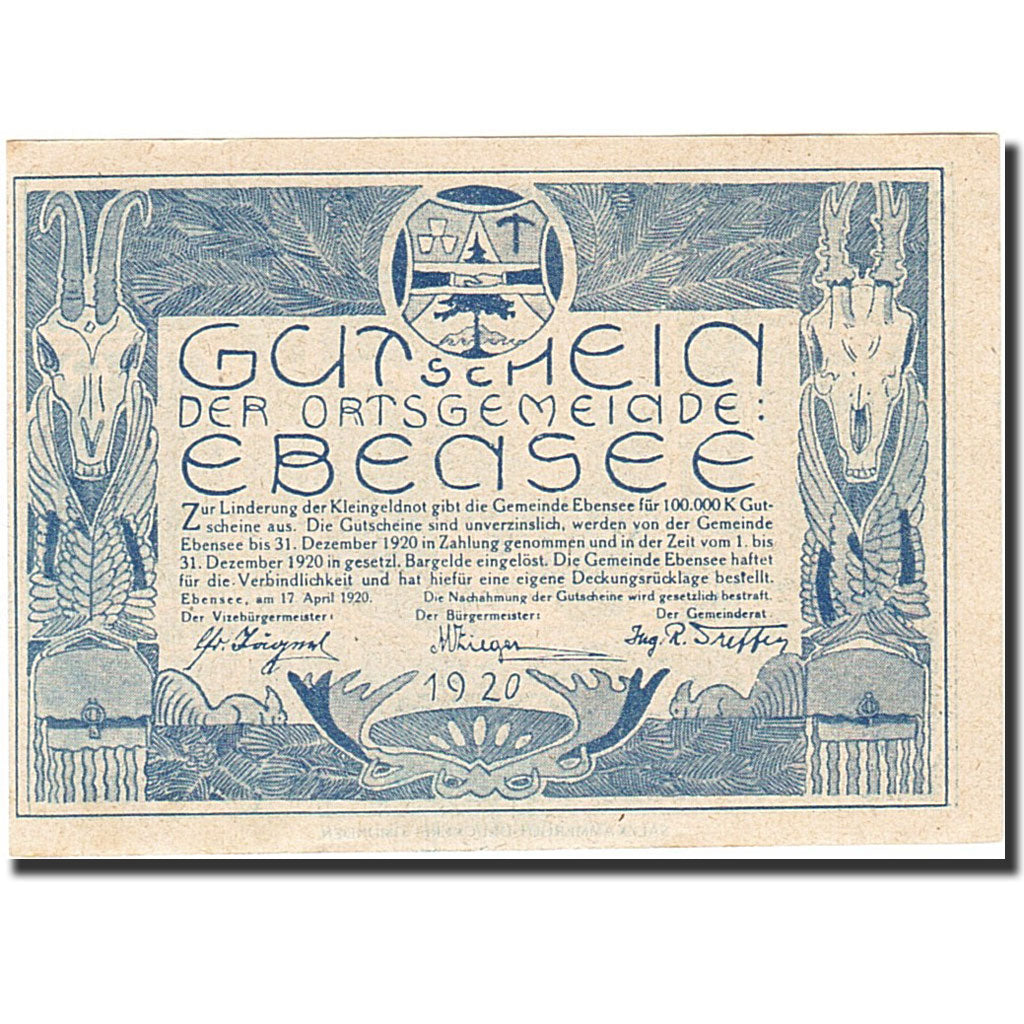 Banknote, Austria, Ebensee, 50 Heller, alpiniste, 1920, 1920-12-31, EF(40-45)