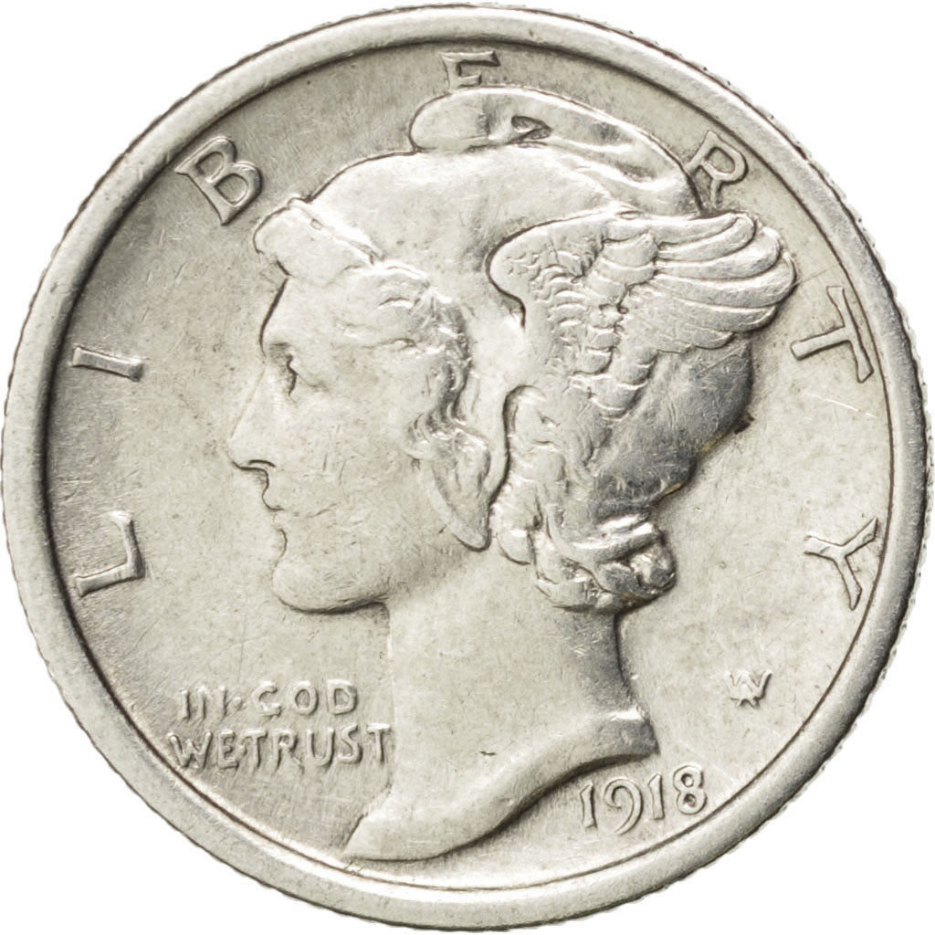 UNITED STATES, Mercury Dime, Dime, 1918, U.S. Mint, KM #140, AU(50-53), Silver,.