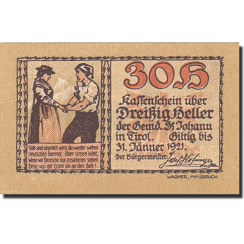 Banknote, Austria, St Johann in Tirol, 25 Heller, paysage, 1921, 1921-01-31