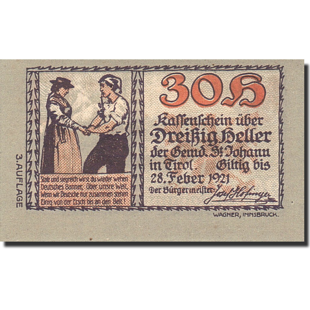 Billet, Autriche, St Johann in Tirol, 25 Heller, chalet, 1921, 1921-02-28, NEUF