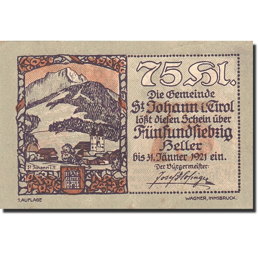 Banknote, Austria, St Johann in Tirol, 80 Heller, paysage, 1921, 1921-01-31