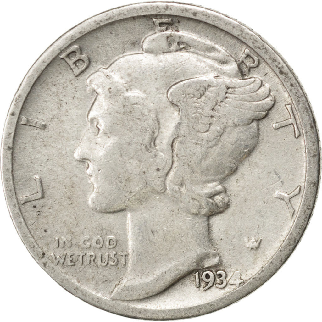 UNITED STATES, Mercury Dime, Dime, 1934, U.S. Mint, KM #140, EF(40-45), Silver,.