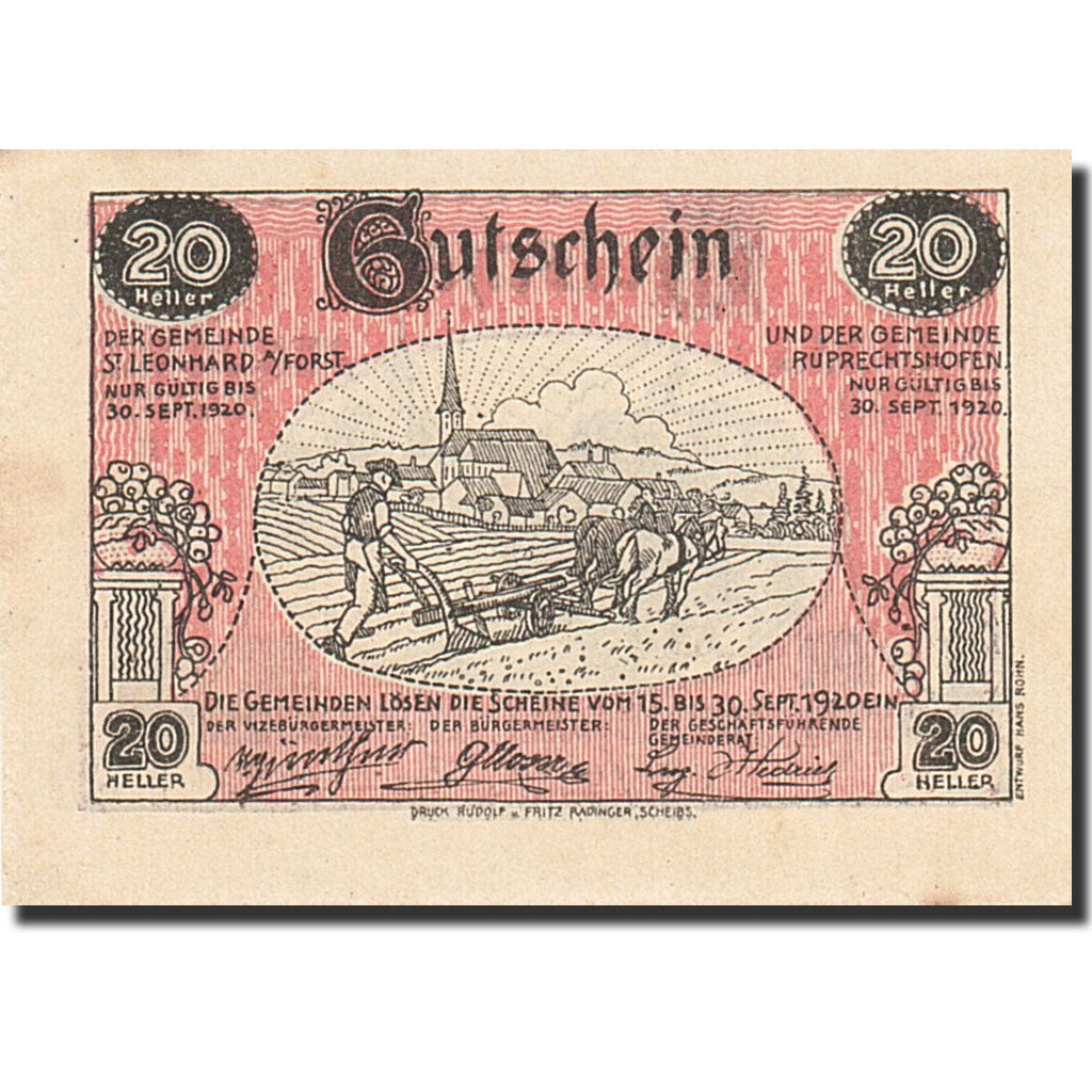 Banknote, Austria, Sankt Leonhard am Forst, 20 Heller, paysan, 1920, 1920-09-30