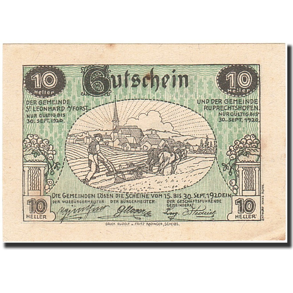 Billet, Autriche, Sankt Leonhard am Forst, 10 Heller, paysan, 1920, 1920-09-30