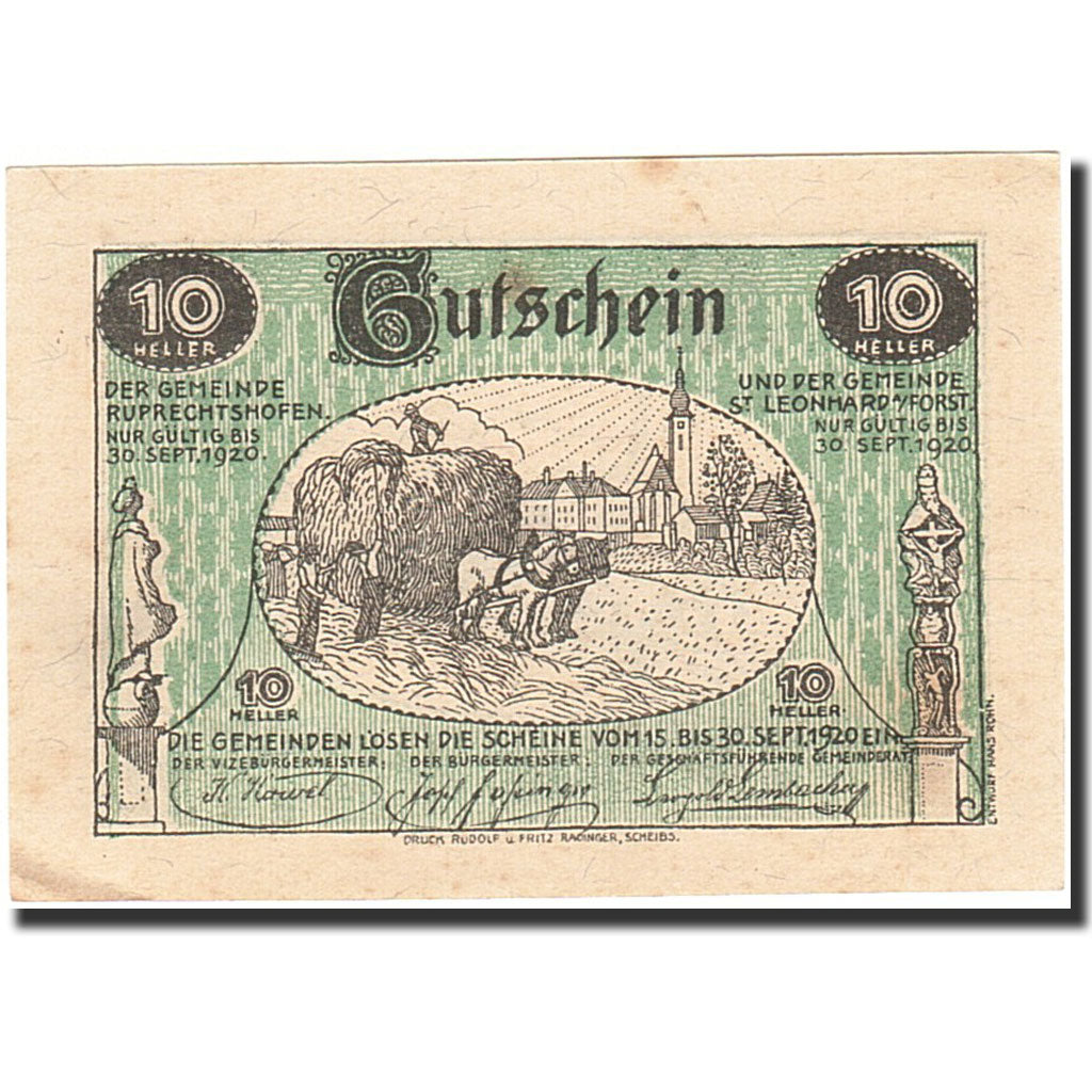 Billet, Autriche, Sankt Leonhard am Forst, 10 Heller, paysan, 1920, 1920-09-30